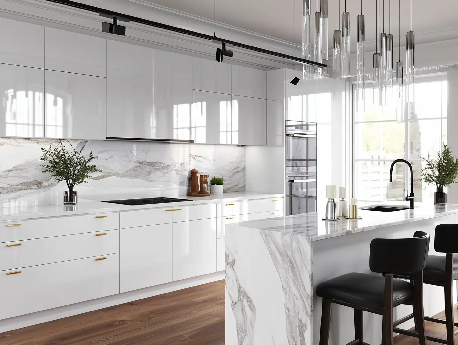 Modern white high-gloss RTA kitchen cabinets with marble island and minimalist hardware – Like Cabinets collection.