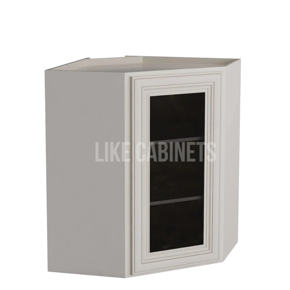 Charleston White Raised Panel 24'' Diagonal Corner Wall Cabinet with Glass Door