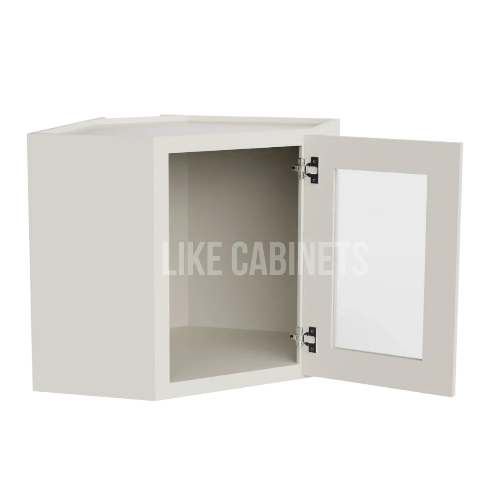 Charleston White Raised Panel 12''x 24'' Diagonal Corner Wall Shelf with Glass Door