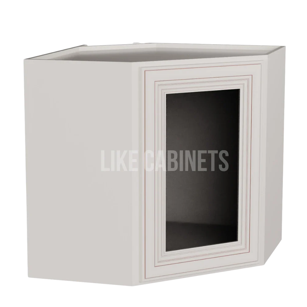 Charleston White Raised Panel 12''x 24'' Diagonal Corner Wall Shelf with Glass Door