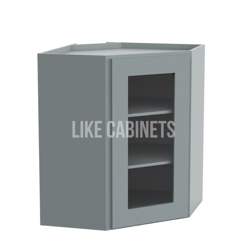 Shaker Gray 24'' Diagonal Corner Wall Cabinet with Glass Door