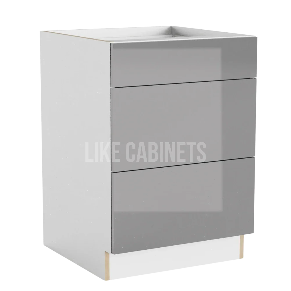 Frameless Gloss Gray Three Drawer Base Cabinet