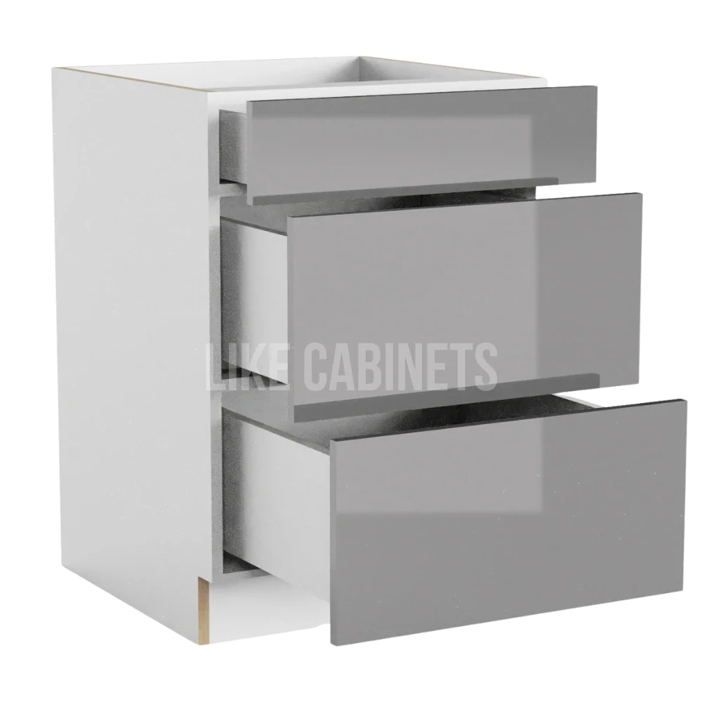 Frameless Gloss Gray Three Drawer Base Cabinet