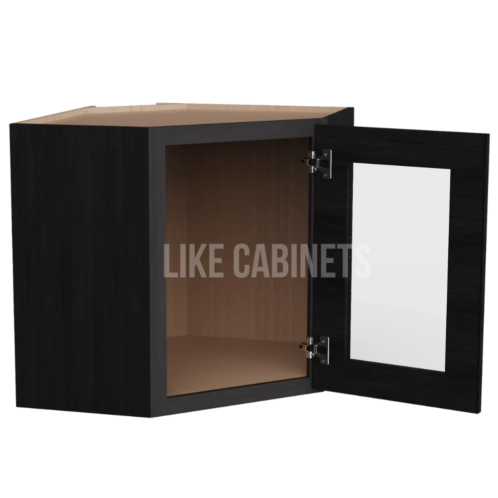 Smokey Ash 12'' x 24'' Diagonal Corner Wall Cabinet with Glass Door