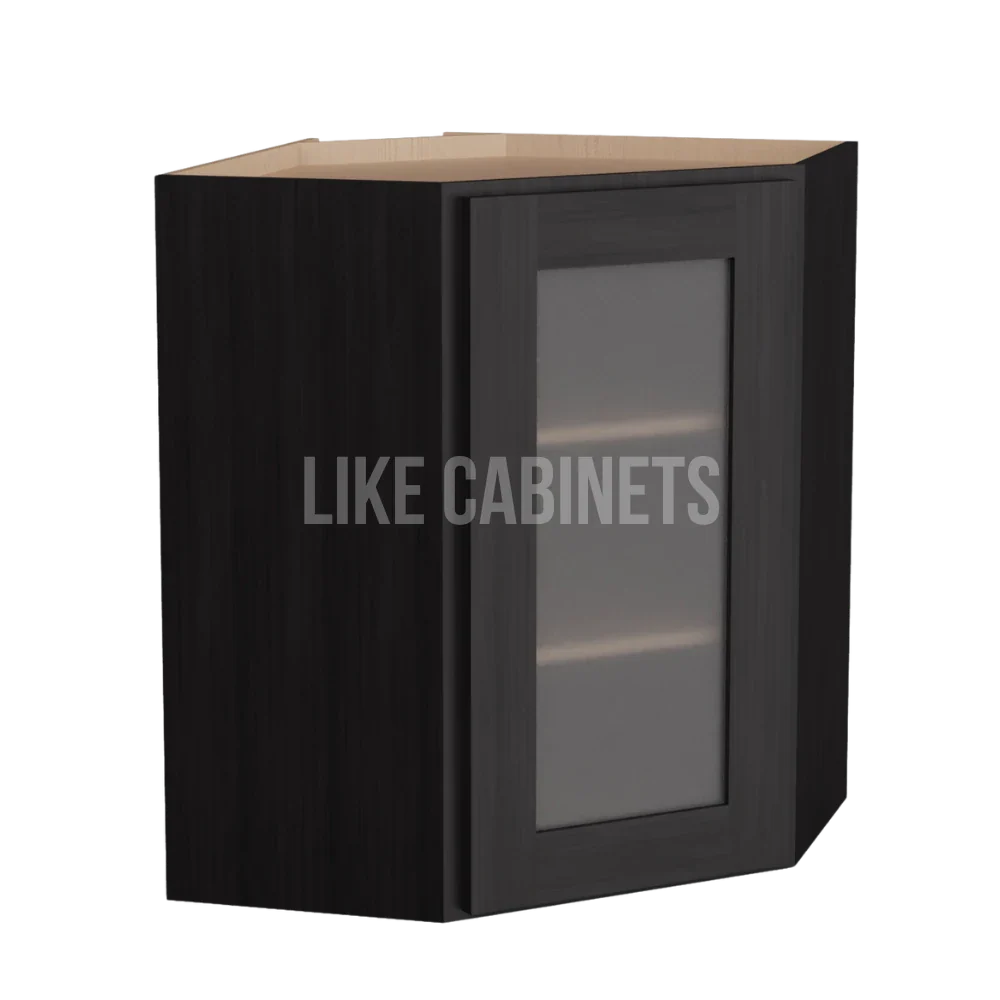 Smokey Ash 24'' Diagonal Corner Wall Cabinet with Glass Door