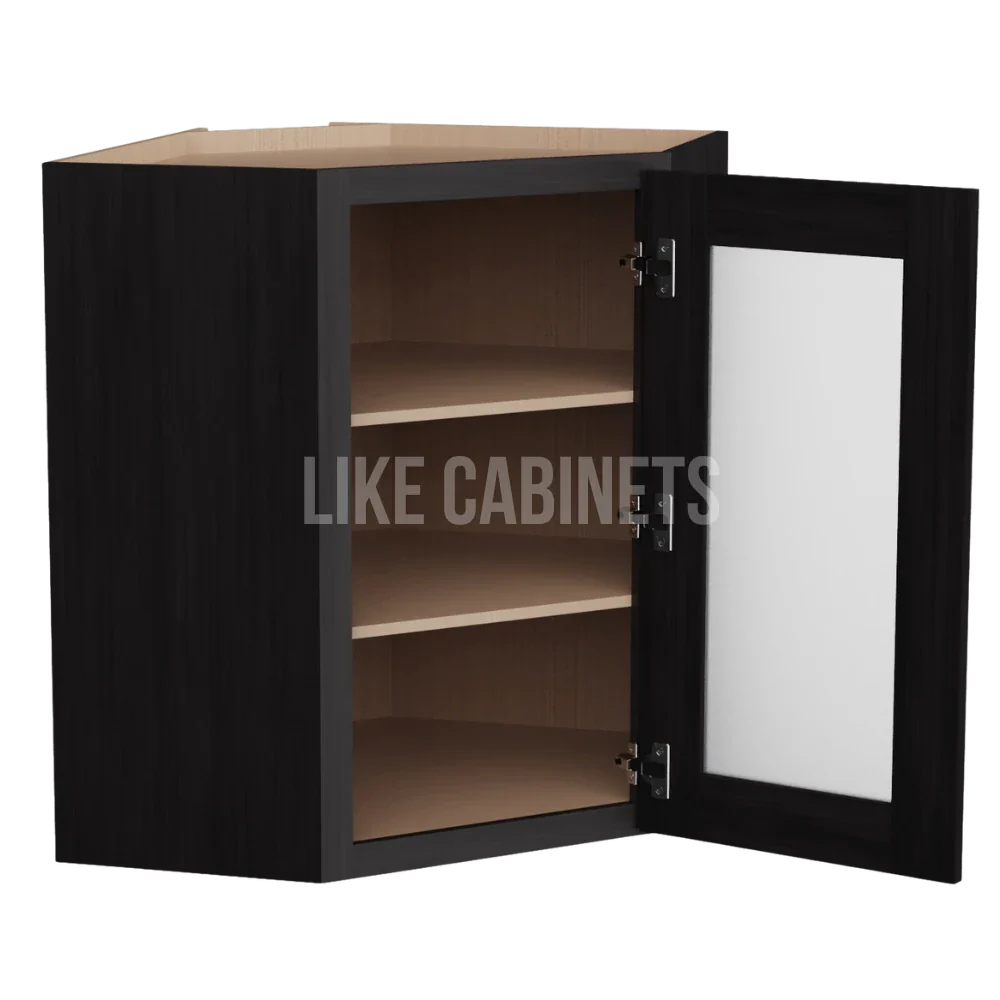 Smokey Ash 24'' Diagonal Corner Wall Cabinet with Glass Door