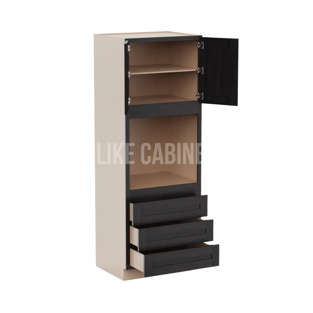 Smokey Ash 30'' W Double Door Oven Pantry Cabinet with Three Drawers