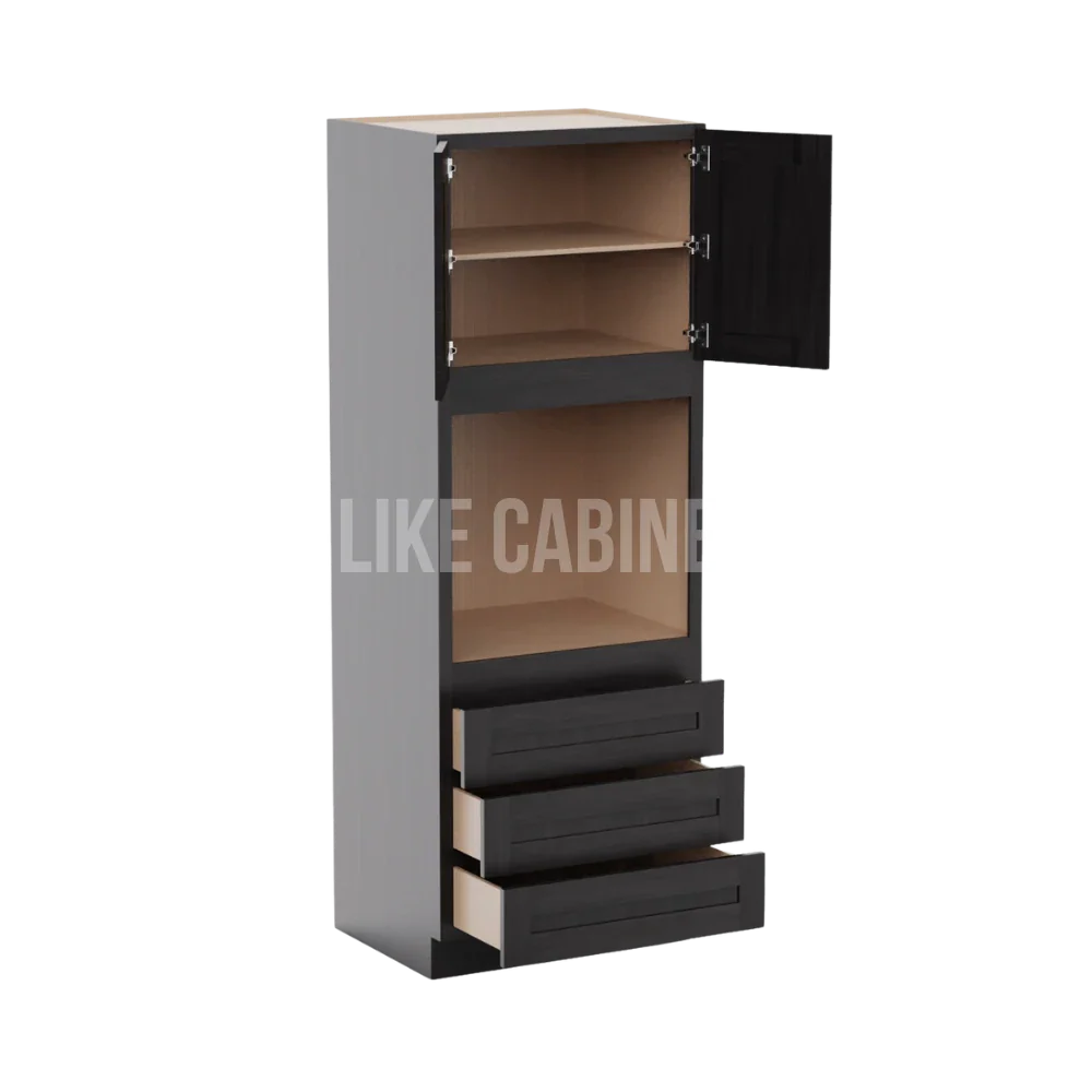 Smokey Ash 30'' W Double Door Oven Pantry Cabinet with Three Drawers