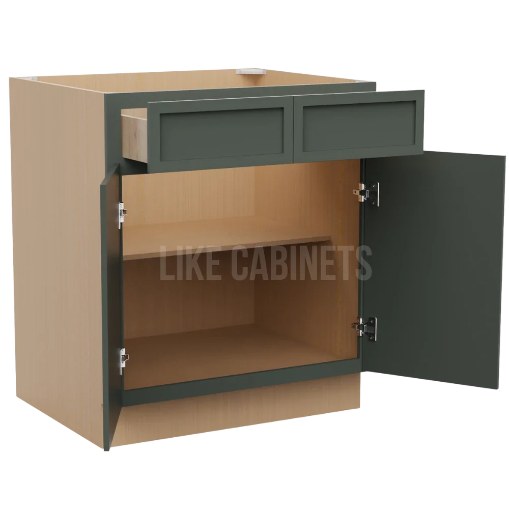 Slim Aston Green Base Cabinet with Double Doors and Drawers