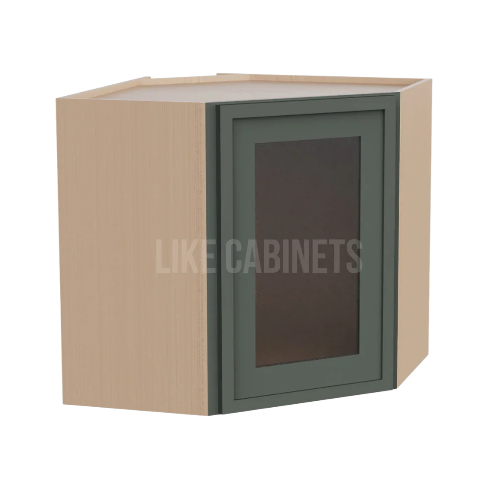 Slim Aston Green 12'' x 24'' Diagonal Corner Wall Cabinet with Glass Door