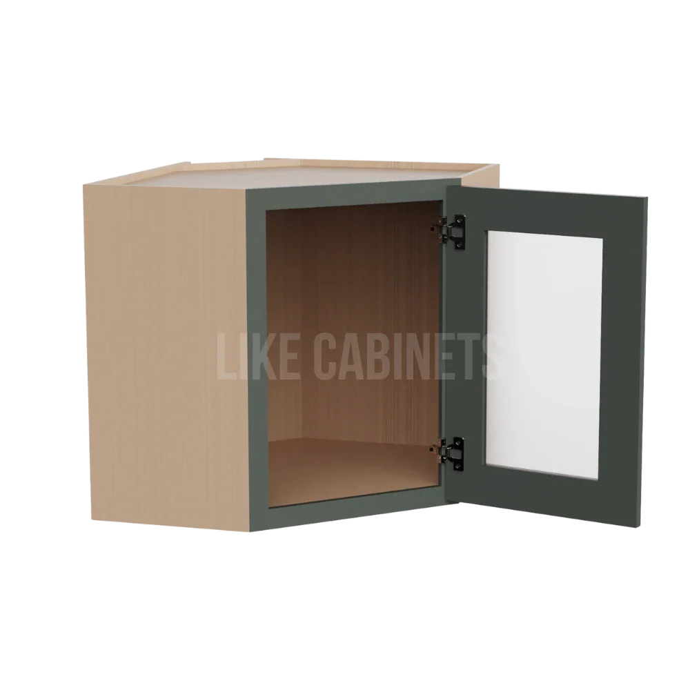Slim Aston Green 12'' x 24'' Diagonal Corner Wall Cabinet with Glass Door