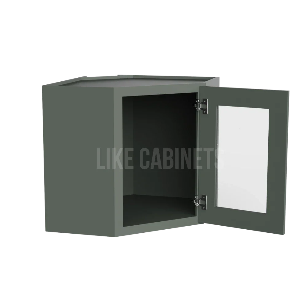 Slim Aston Green 12'' x 24'' Diagonal Corner Wall Cabinet with Glass Door