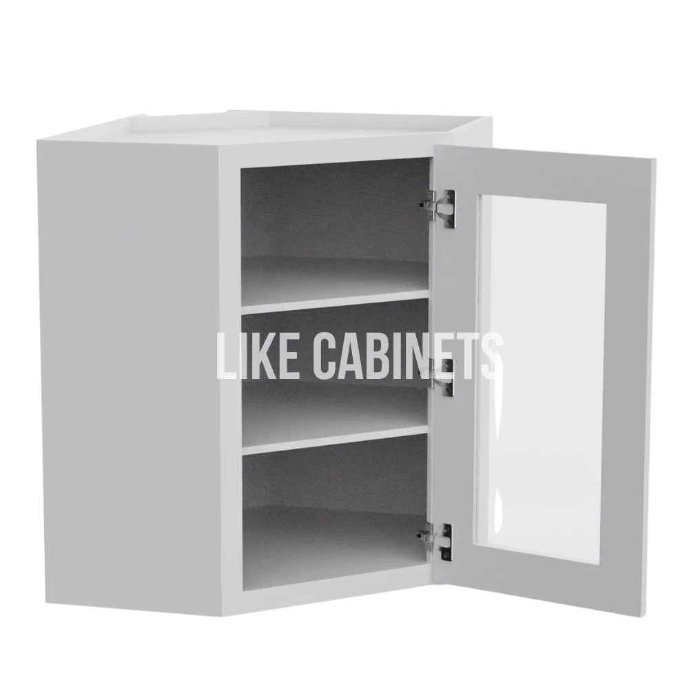 White Shaker 24'' Diagonal Corner Wall Cabinet with Glass Door