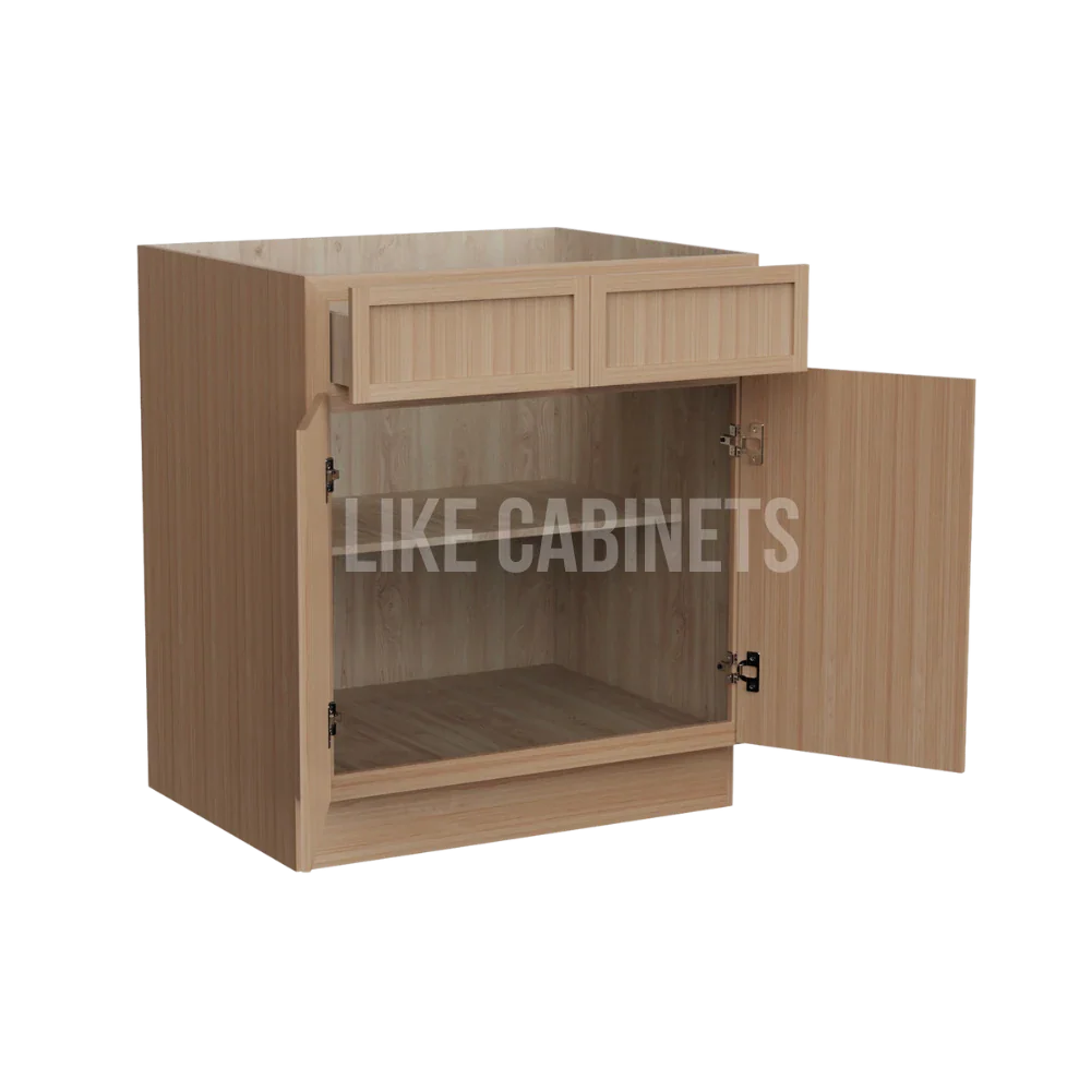 Slim White Oak Base Cabinet with Double Doors and Drawers