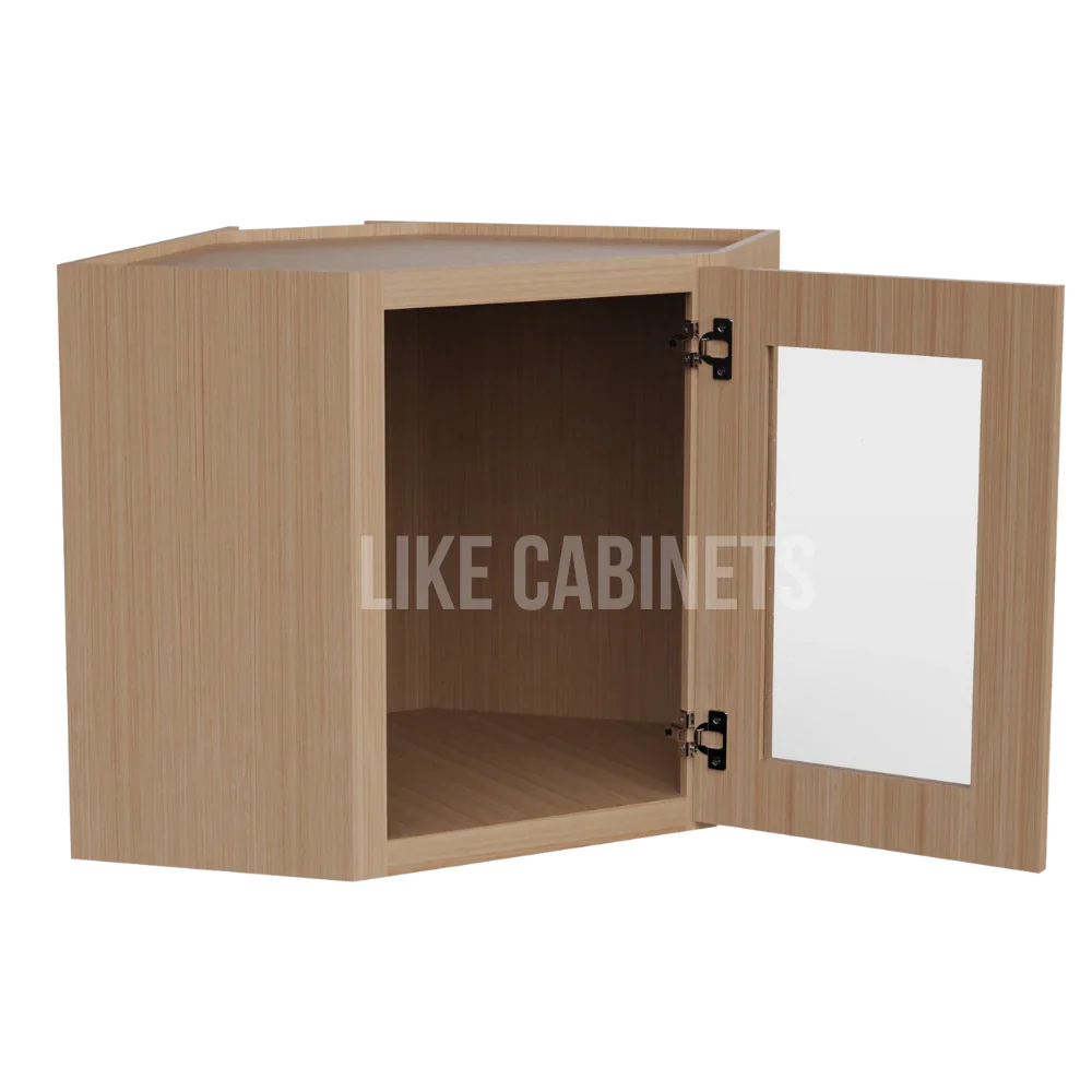 Slim White Oak 12'' x 24'' Diagonal Corner Wall Cabinet with Glass Door
