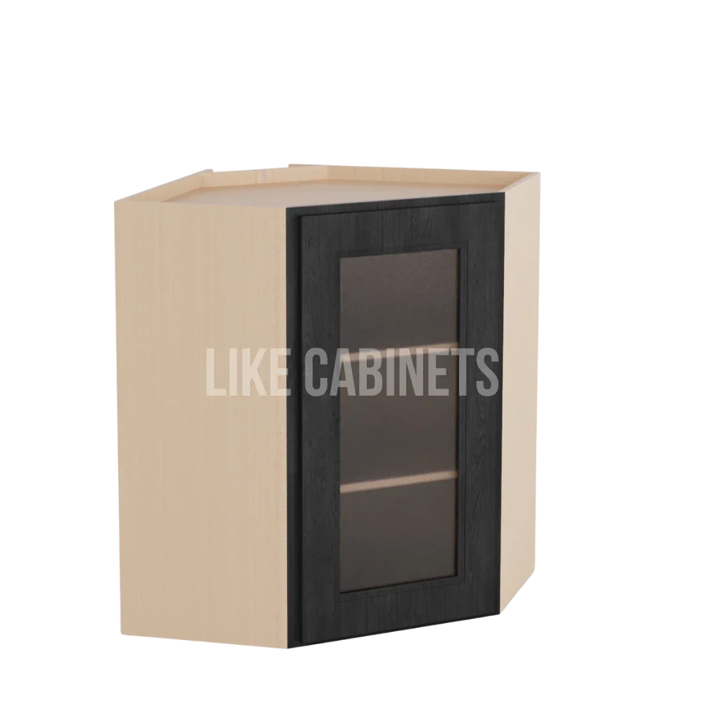 Double Smokey Gray 24'' W Diagonal Corner Wall Cabinet with Glass Door