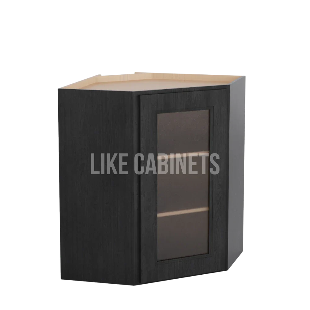 Double Smokey Gray 24'' W Diagonal Corner Wall Cabinet with Glass Door