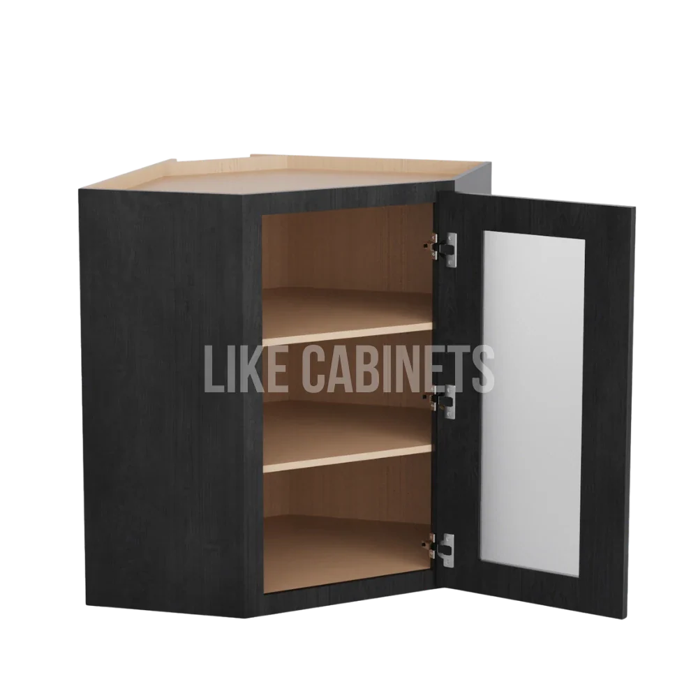 Double Smokey Gray 24'' W Diagonal Corner Wall Cabinet with Glass Door