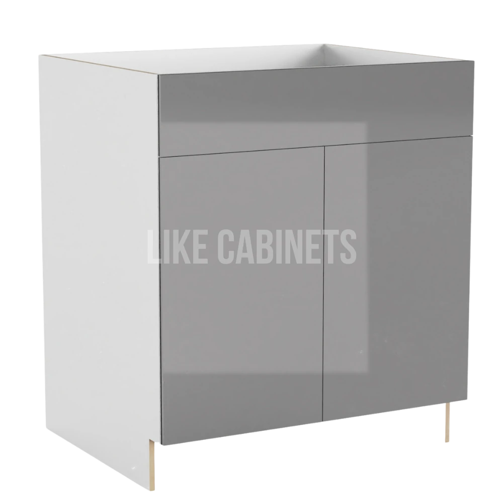 High Gloss Gray Sink Base with Double Doors and False Drawer