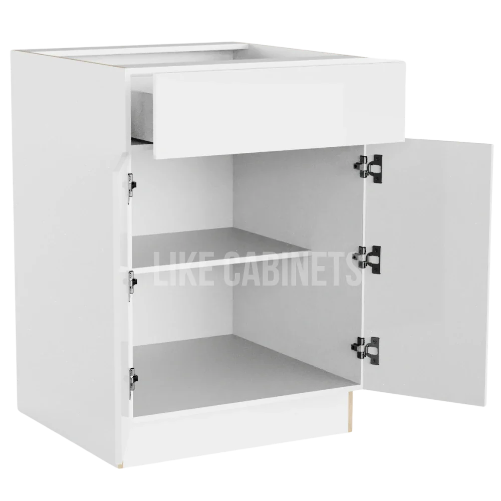 High Gloss White Base Cabinet with Double Doors & Single Drawer