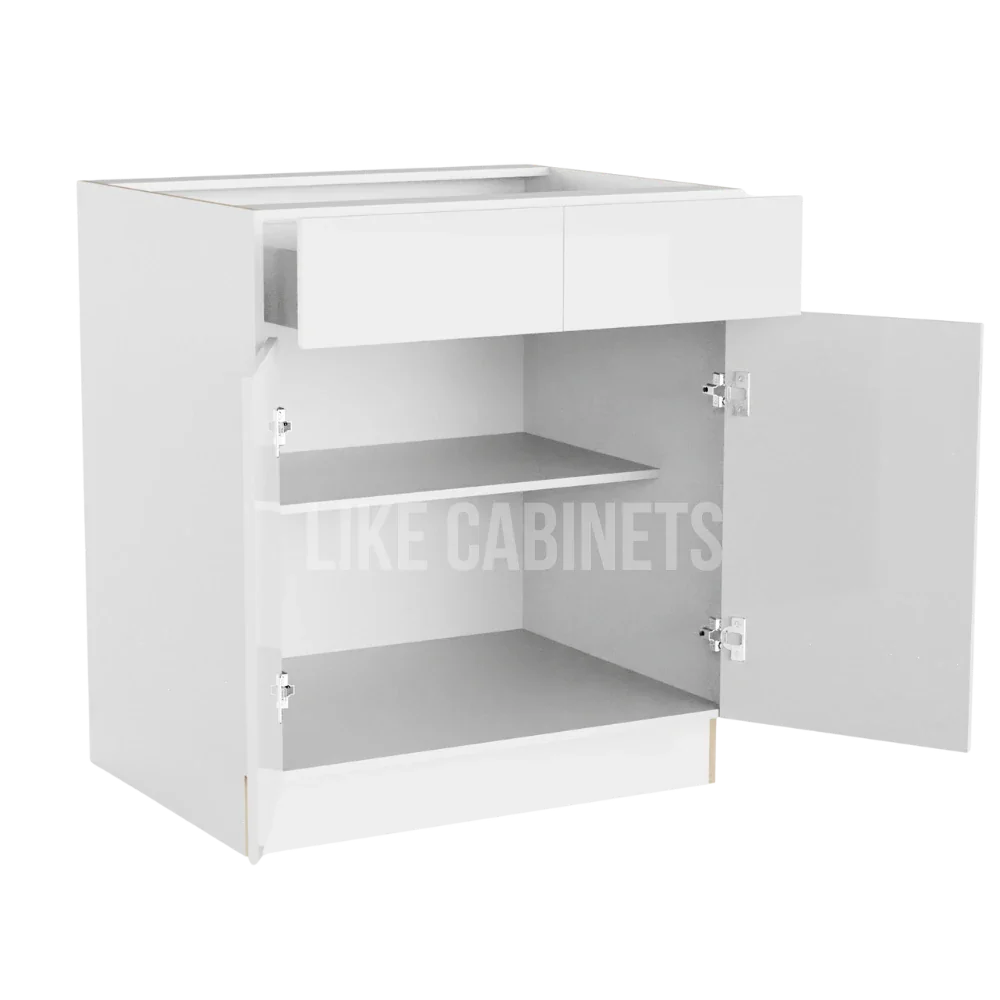 High Gloss White Base Cabinet with Double Doors and Drawers
