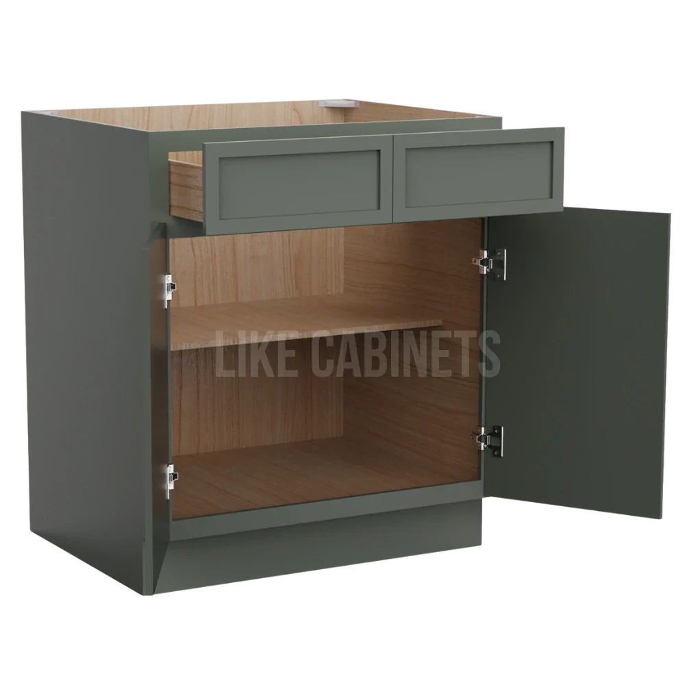 Slim Aston Green Base Cabinet with Double Doors and Drawers