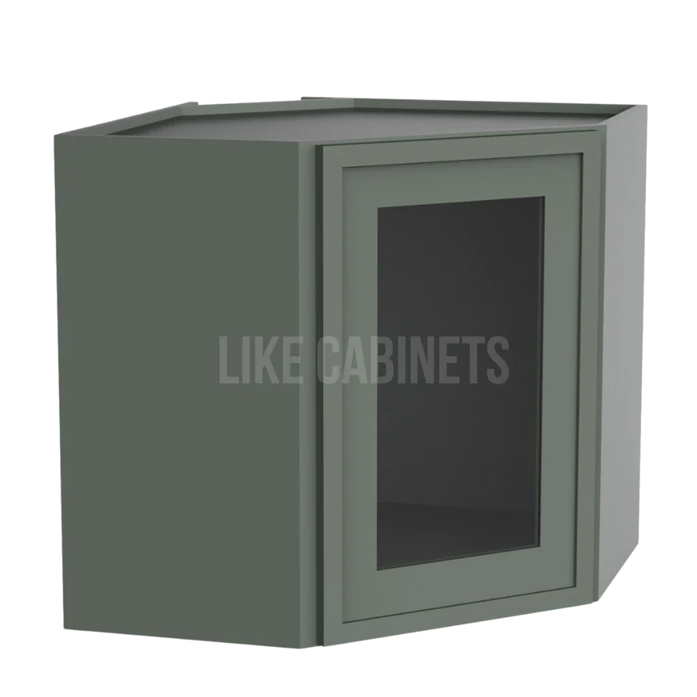 Slim Aston Green 12'' x 24'' Diagonal Corner Wall Cabinet with Glass Door