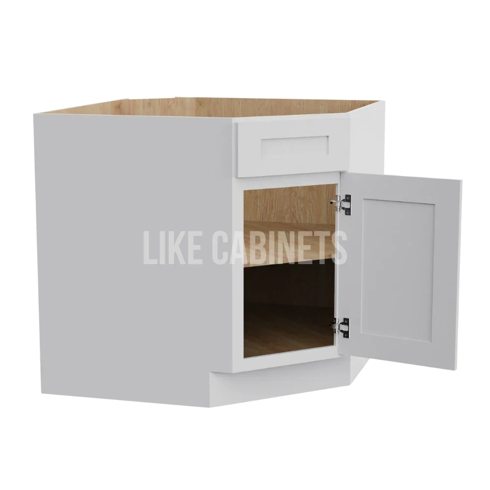 White Shaker Corner Sink Base Cabinet with False Drawer