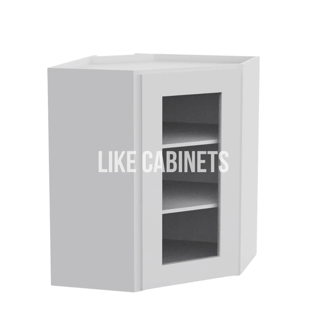 White Shaker 24'' Diagonal Corner Wall Cabinet with Glass Door