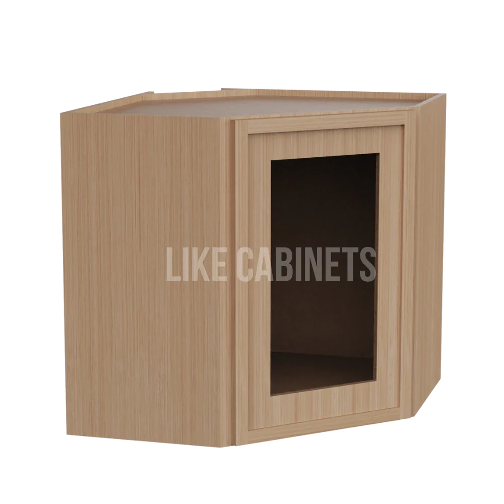 Slim White Oak 12'' x 24'' Diagonal Corner Wall Cabinet with Glass Door