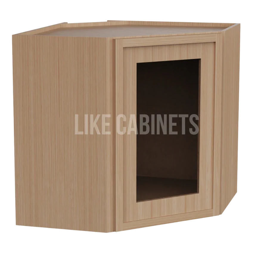 Slim White Oak 12'' x 24'' Diagonal Corner Wall Shelf Cabinet with Glass Door