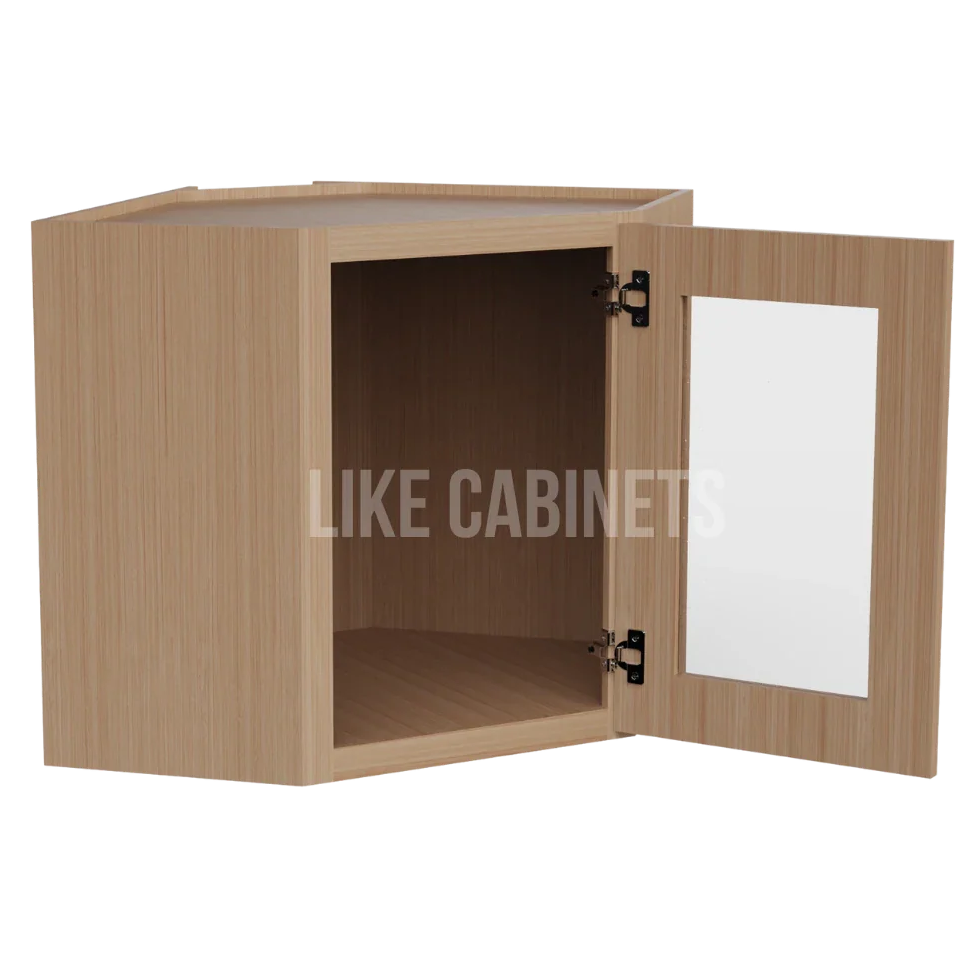 Slim White Oak 12'' x 24'' Diagonal Corner Wall Shelf Cabinet with Glass Door