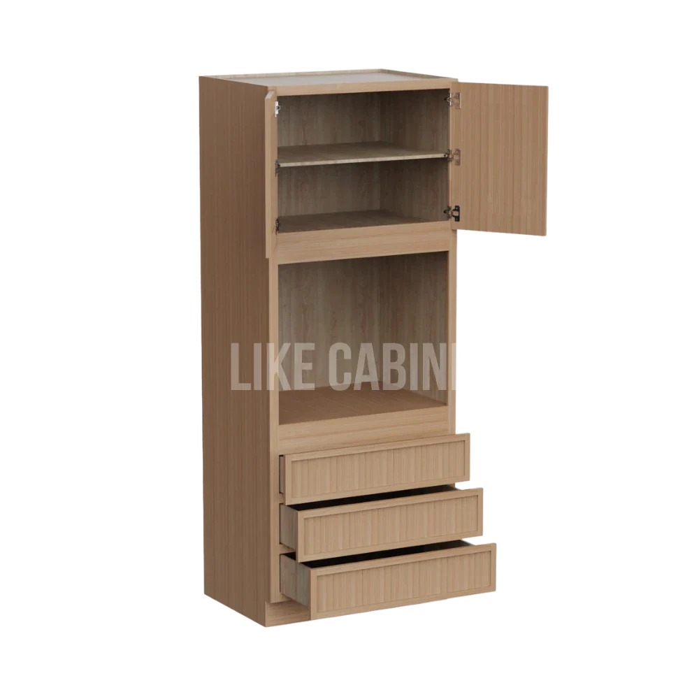 Slim White Oak 33'' W Double Door Oven Pantry Cabinet with Three Drawers